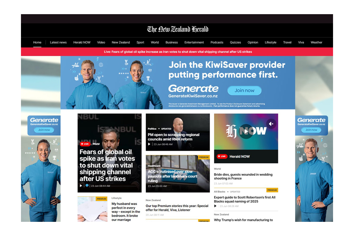Screenshot of a news website homepage with headlines about oil prices, political updates, a wedding shooting in France, and other top stories. The site features a black header with the logo 'The New Zealand Herald,' navigation menus, and a prominent blue advertisement for KiwiSaver providers featuring two smiling people in blue uniforms.