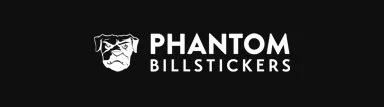 Black background with white text reading 'PHANTOM BILLSTICKERS' and a white graphic of a man's face with sunglasses and a beard.