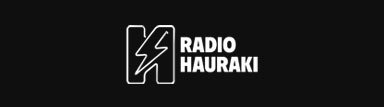 Radio Hauraki logo with lightning bolt graphic on black background.
