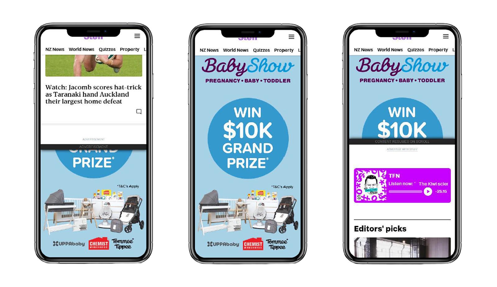 Three smartphones displaying a digital magazine called Baby Show, with a blue background and a large white dollar sign promoting a contest to win a 10K prize. The screens include furniture images and a purple podcast player.