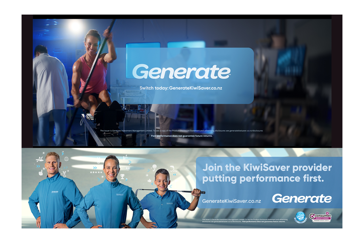 Two digital banners advertising Generate KiwiSaver. The top banner shows a woman in a pink top holding a golf club in a medical or research setting, with the Generate logo and website. The bottom banner shows three people in blue shirts with the Generate logo, standing confidently, with a light blue background and text encouraging joining KiwiSaver.