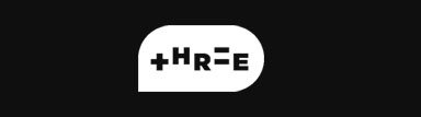 Stylized word 'THREE' with the letters arranged inside a speech bubble