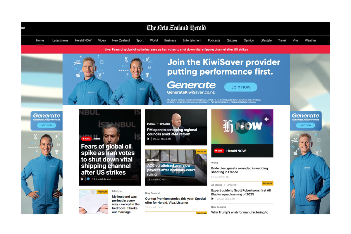 Screenshot of The New Zealand Herald website homepage with news headlines, a live news banner, and advertisements for KiwiSaver investment service featuring two smiling individuals in blue sportswear.