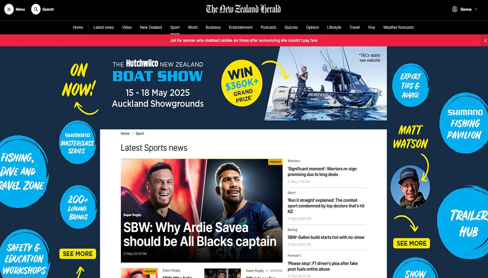 Screenshot of The New Zealand Herald website featuring sports news and advertisements, including the Hutchwilco Boat Show and various other sporting events.