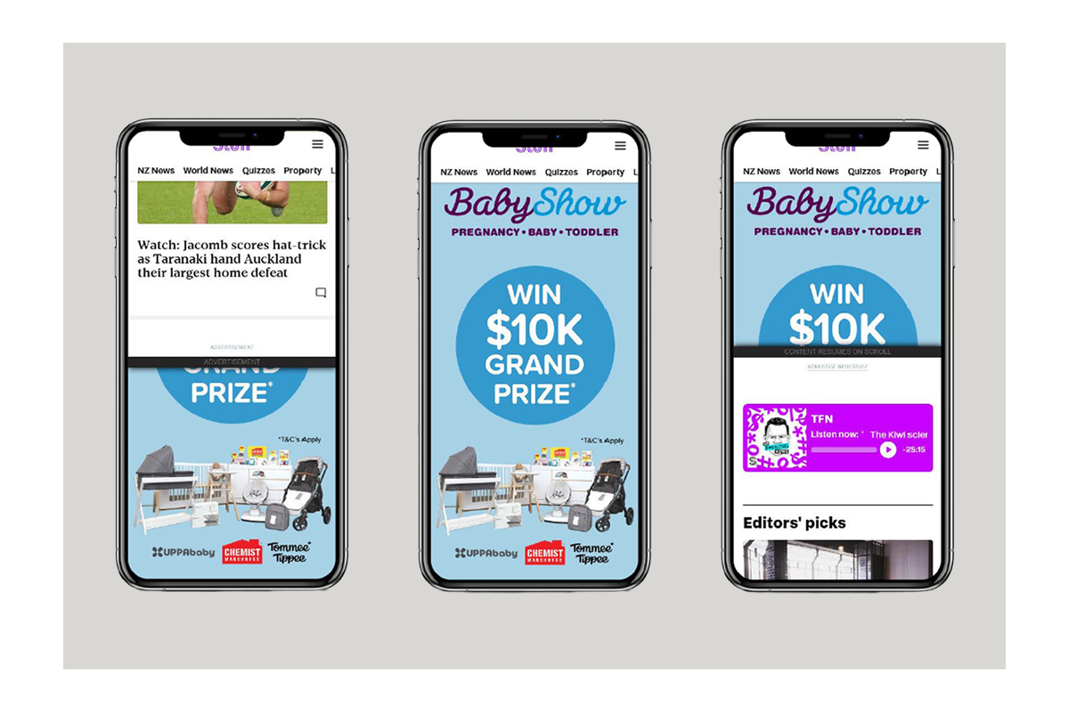 Three smartphones displaying a baby product promotion with a blue background, offering a $10,000 grand prize, and product images at the bottom, including a stroller, playpen, and baby gear.