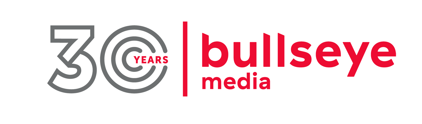 Logo for 30 Years Bullseye Media with text and design elements.