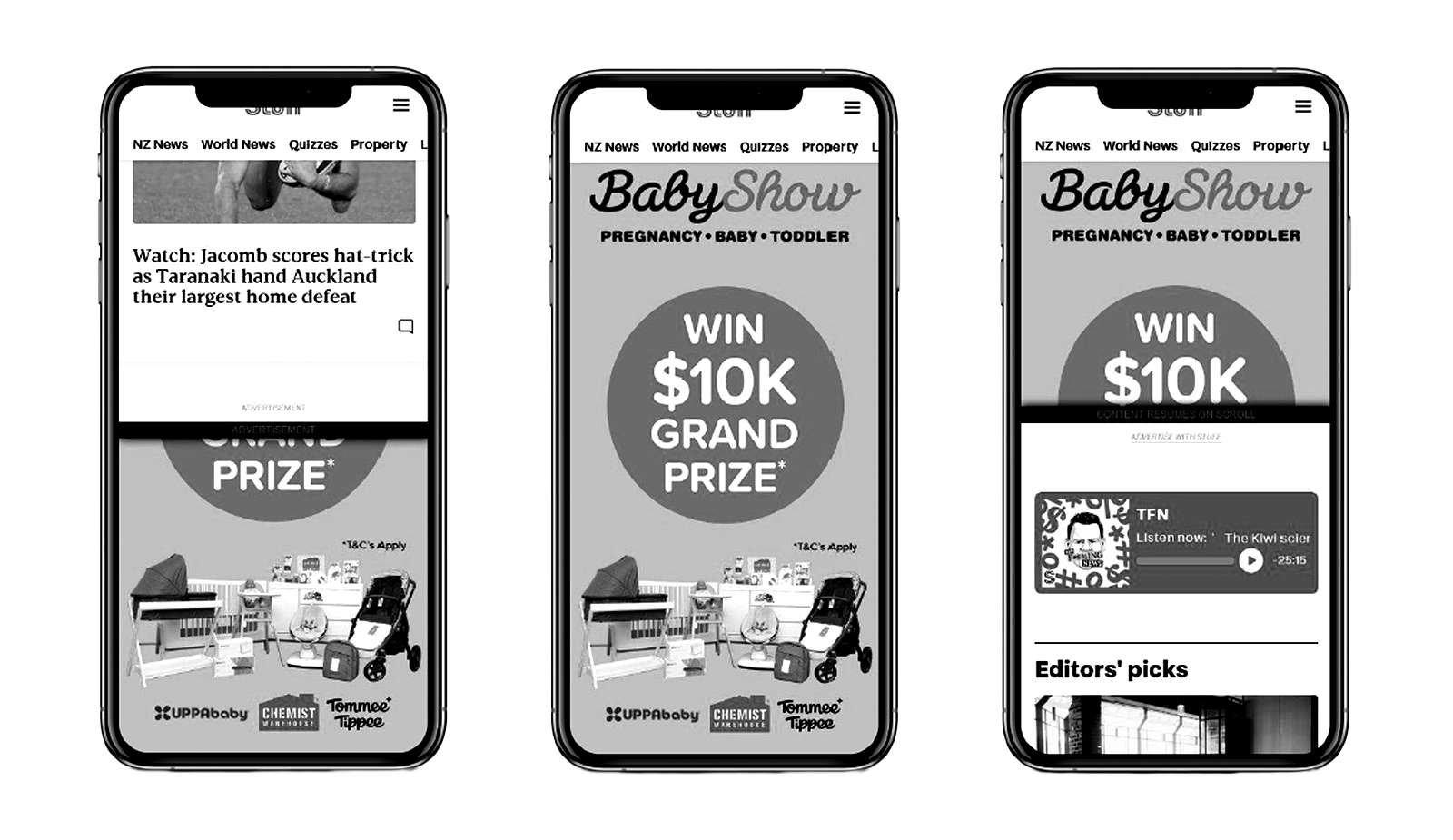 Three smartphones displaying a webpage for BabyShow, a pregnancy and toddler magazine, with a contest to win $10,000. The pages include articles, advertisements, and an audio player.
