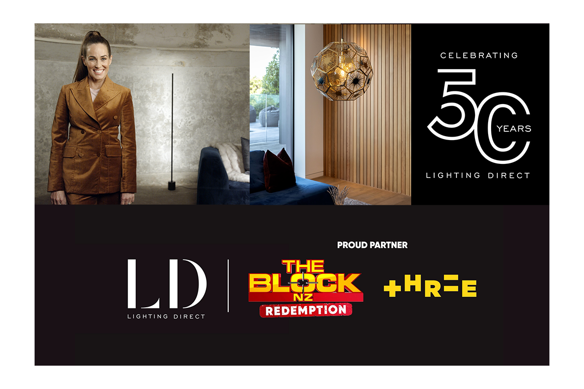 A promotional image celebrating 50 years of Lighting Direct, featuring a woman in a brown suit, a modern interior with a textured concrete wall and a wooden wall with a hanging geometric light, along with logos of Lighting Direct, The Block NZ, and a ZRE logo.