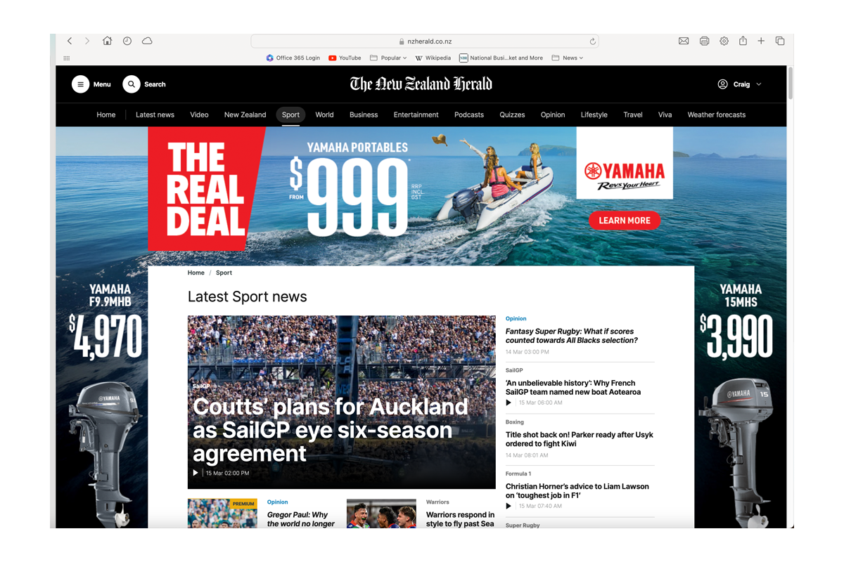 Screenshot of The New Zealand Herald website with headlines about sports news. Banner ad at the top features two children on an inflatable boat in the water, with Yamaha outboard motors on each side of the webpage.