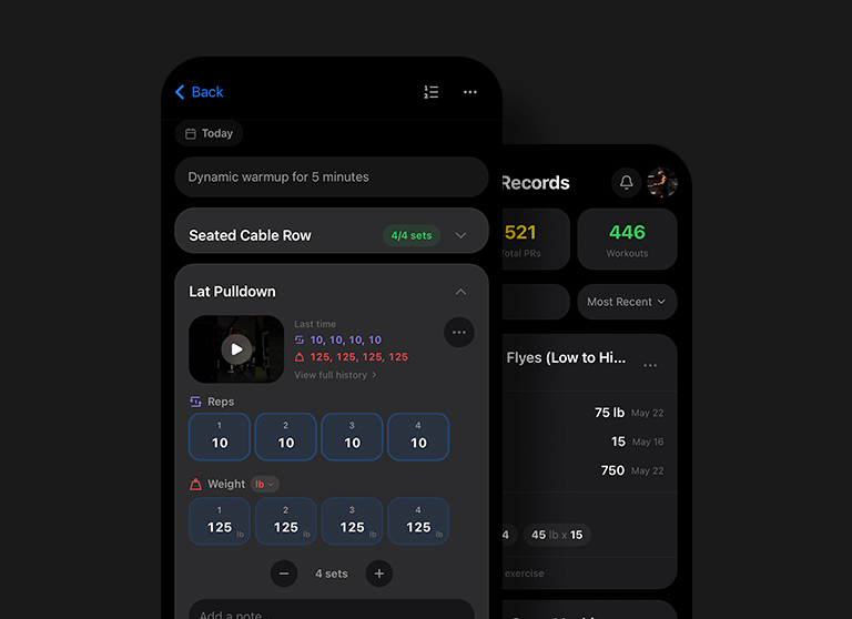 Screenshot of a workout app displaying a workout routine including a seated cable row and lat pulldown, with exercise details, reps, and weights.