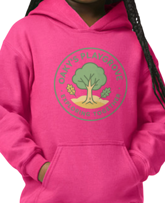 Pink hoodie with a logo featuring a tree and the words 'Oaky's Playground' and 'Exploring Together'.