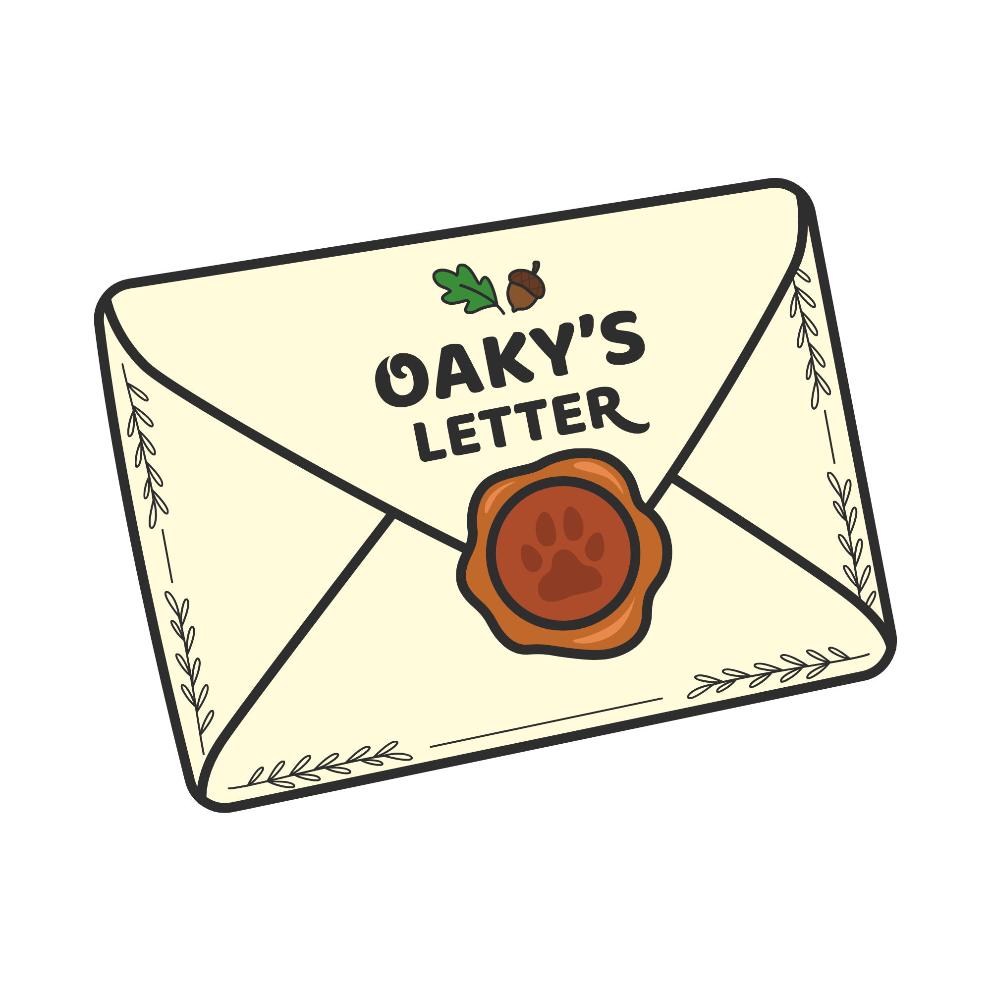 Close-up of a decorative letter with a woodsy theme, including an acorn, a leaf, and a pinecone, with text reading "Oaky's Letter" in black font on a cream background, bordered with a leafy vine design.