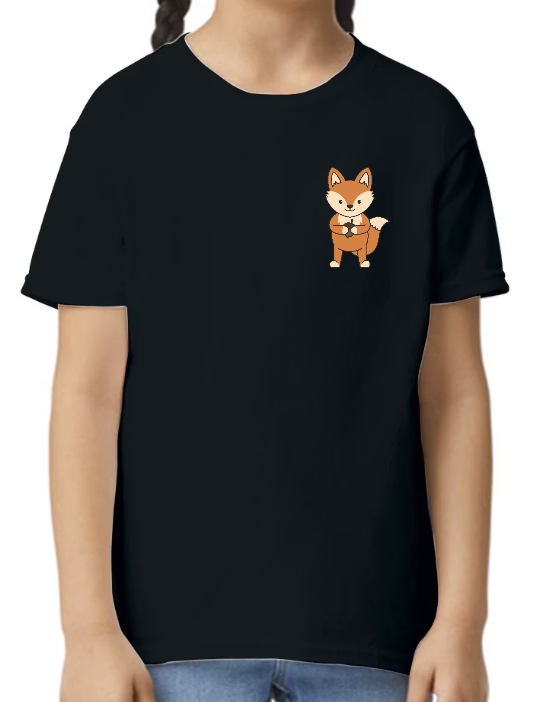 Black T-shirt with a cartoon fox graphic on the front.