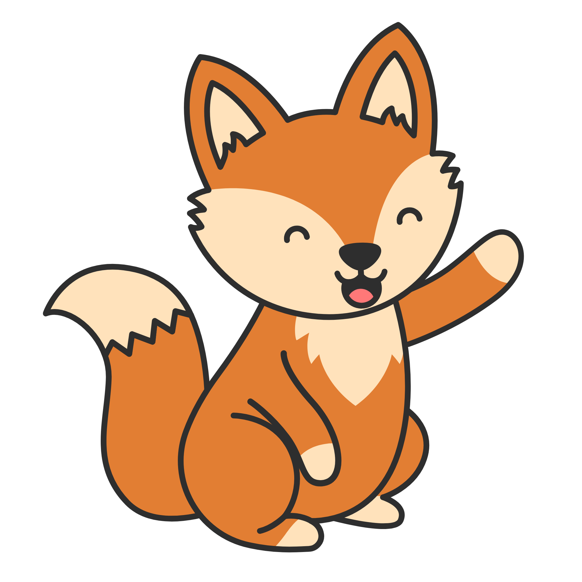 A cute cartoon illustration of a smiling fox with closed eyes, sitting with paws crossed, showing a friendly expression.