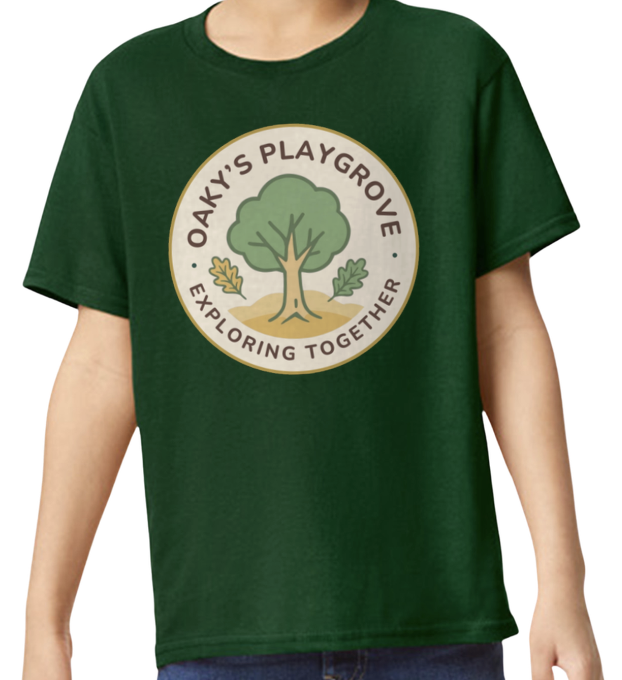 Green T-shirt with a circular logo featuring a tree and the text 'Oaky's Playground Exploring Together'.