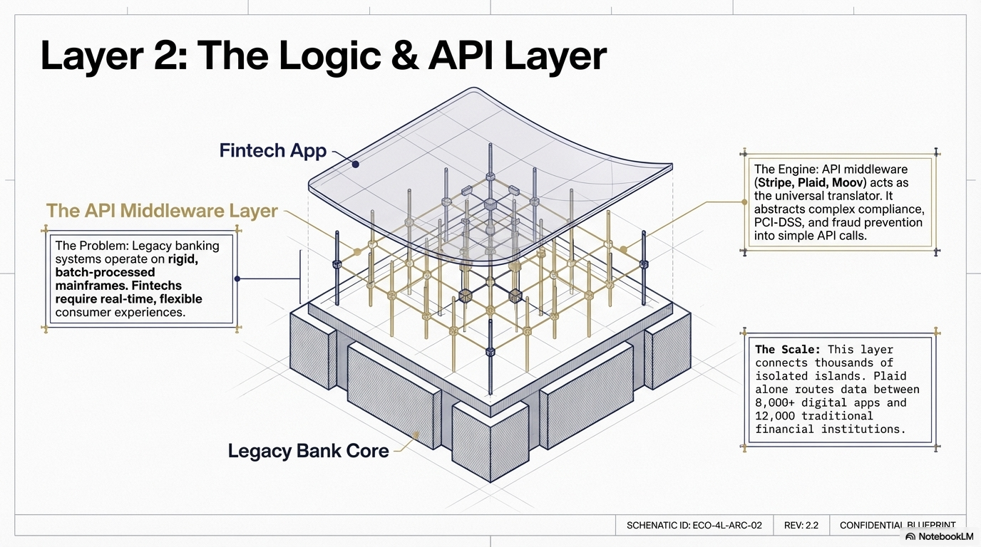 Diagram showing Layer 2 of a system architecture focused on logic and API layer, with labels pointing to components such as a fintech app, the API middleware layer with problem statement about banking systems, the engine for API middleware functioning as a universal translator, the scale connecting many digital and traditional financial institutions, and a legacy bank core at the base.