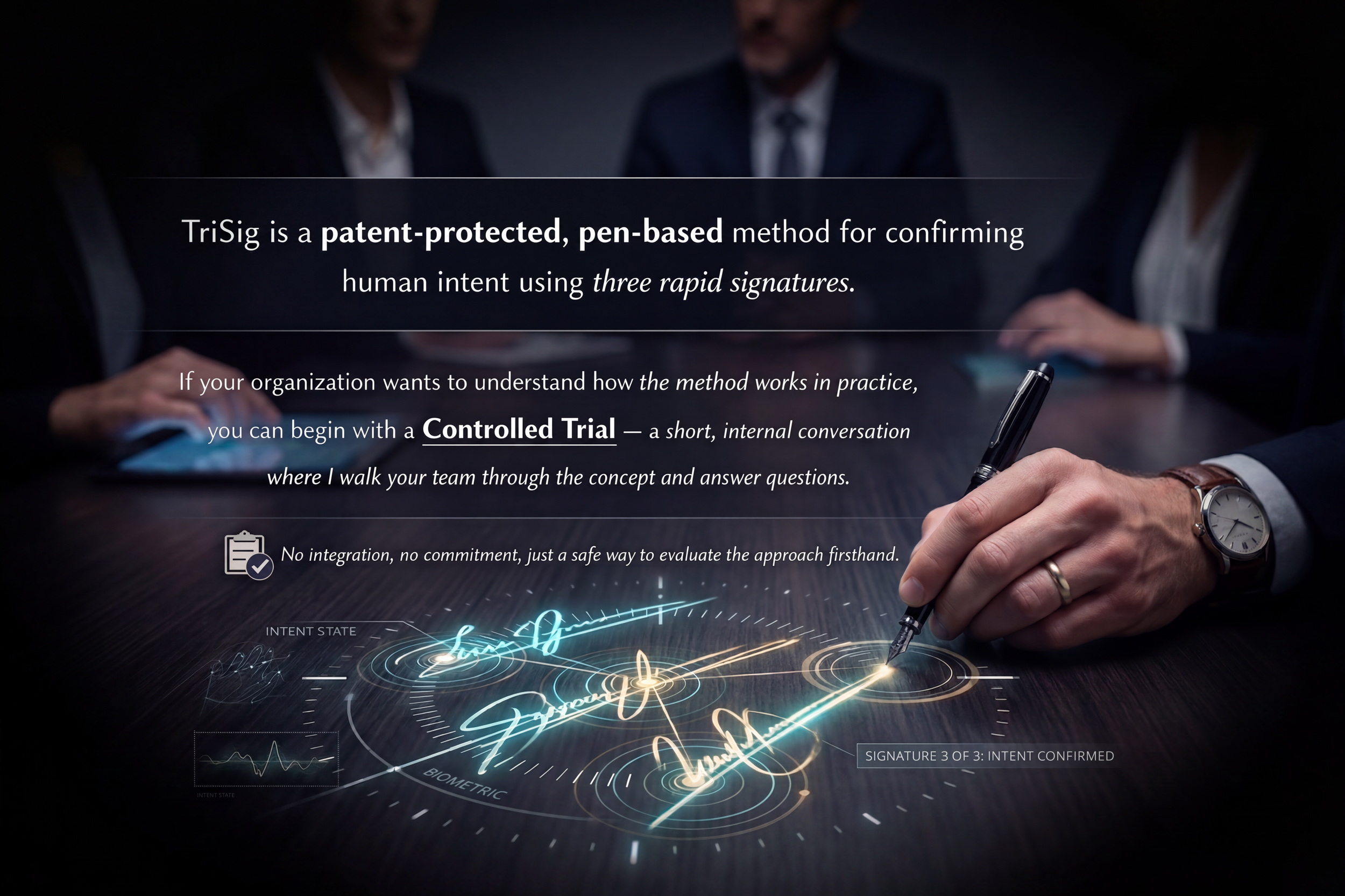 People in business suits around a table with a person signing a document with a pen. Overlaid text describes TriSig's method for confirming human intent using three rapid signatures.