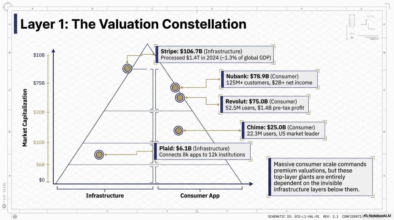 A graph titled 'Layer 1: The Valuation Constellation' depicting market capitalization of tech companies and their product focus on infrastructure or consumer apps. The Y-axis shows market capitalization in billions of dollars, ranging from $0 to $10 billion. The X-axis divides companies into 'Infrastructure' and 'Consumer App'. Key companies highlighted include Stripe at $106.7 billion, Nubank at $78.9 billion, Revolut at $75 billion, Chime at $25 billion, and Plaid at $6.1 billion. Text boxes provide details about each company's valuation, user base, and market data, with a note at the bottom right explaining the top-layer giants' dependence on invisible infrastructure layers.