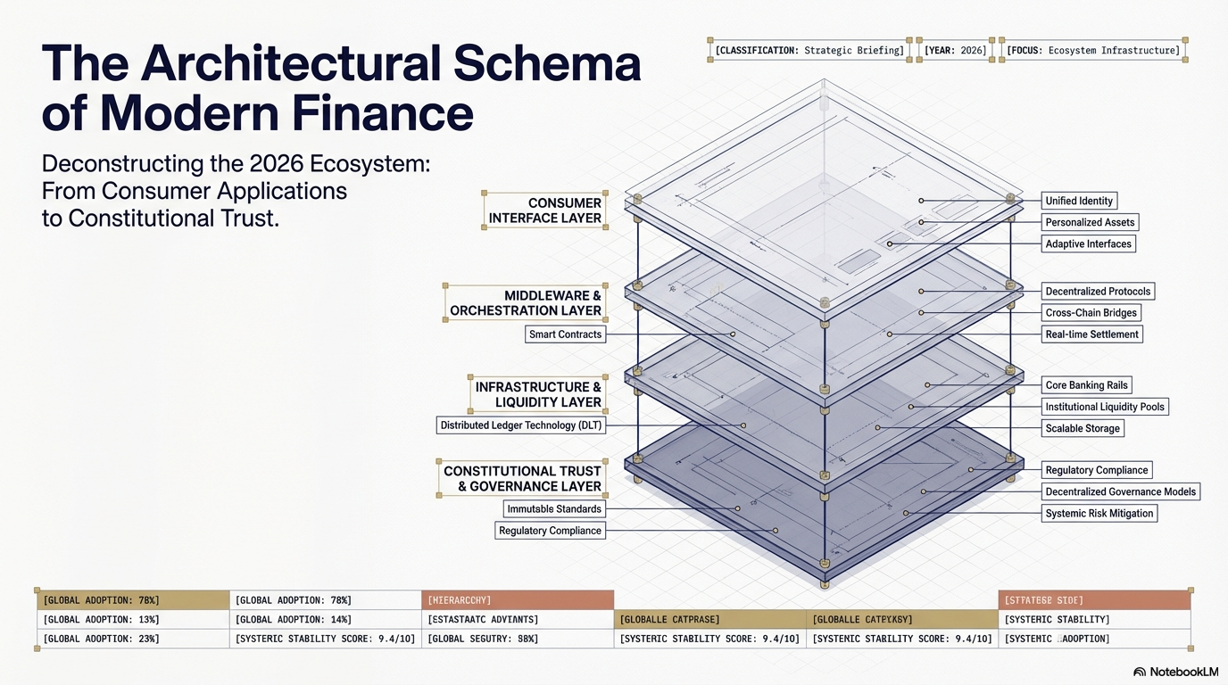 Diagram of the architectural layers of modern finance, showing four main layers: consumer interface, middleware and orchestration, infrastructure and liquidity, and constitutional trust and governance, with project labels and side notes on blockchain technology and compliance.