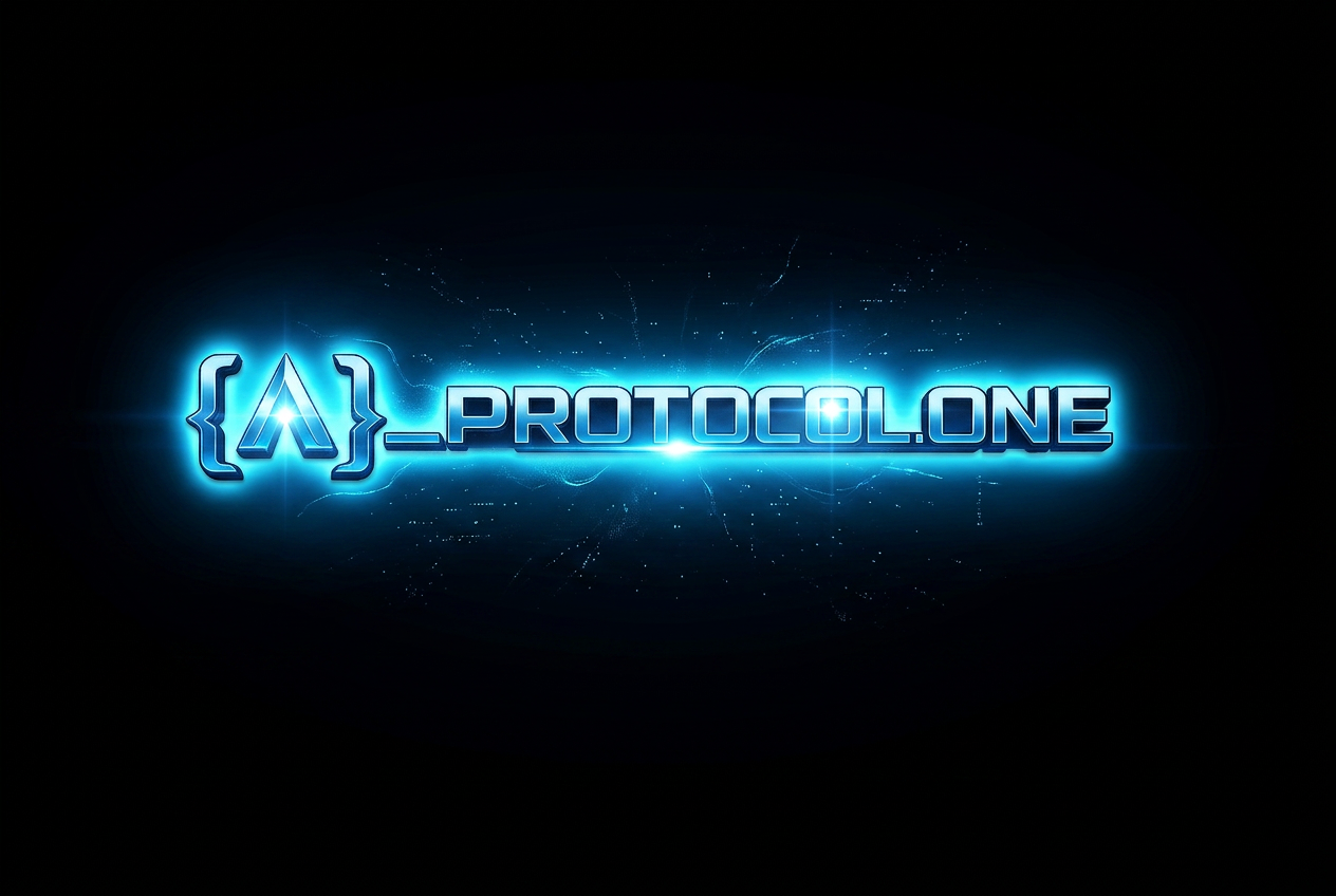 Futuristic digital logo with blue glow displaying '{A}_PROTOCOL.ONE' against a dark background.