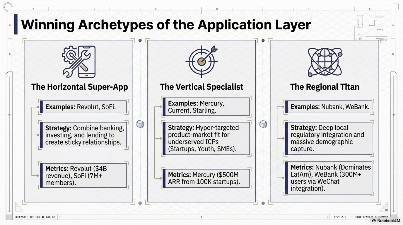 A presentation slide titled 'Winning Archetypes of the Application Layer' outlines three archetypes: The Horizontal Super-App with examples Revolut and SoFi, The Vertical Specialist with examples Mercury, Current, and Starling, and The Regional Titan with examples Nubank and WeBank. Each archetype includes a strategy and metrics, with icons representing applications, target, and regional influence.