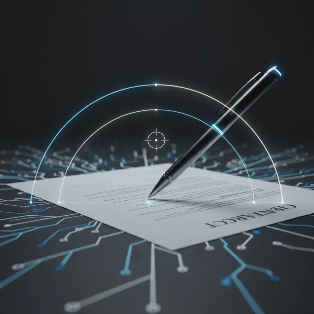 A document labeled 'DISTRIBUTION' is being signed with a black pen, with digital targeting graphics overlaying the scene, and a circuit board pattern underneath.