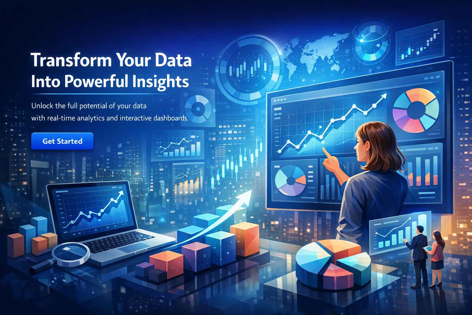 Digital illustration of data analytics with charts, graphs, and a woman pointing to a rising line graph on multiple screens, set against a cityscape background.