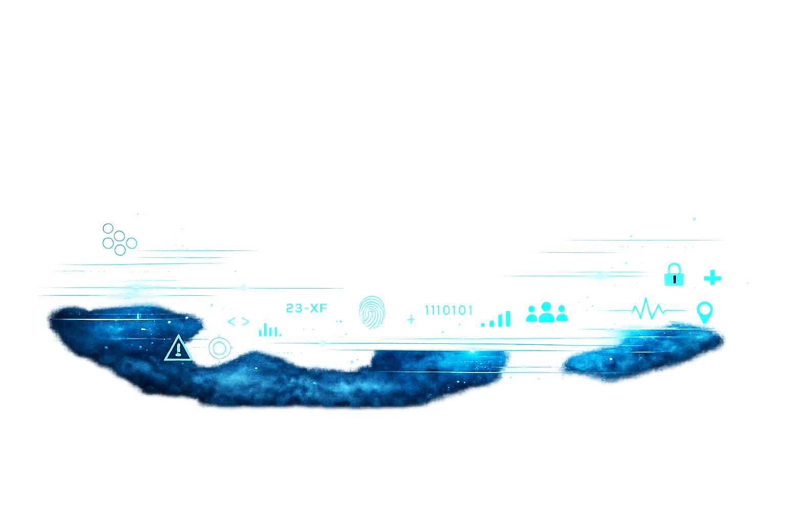 A digital, futuristic hologram of a floating island with cityscape and security icons, set against a dark background with light blue and cyan digital effects.