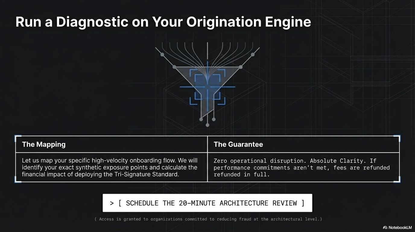 A digital graphic with the title 'Run a Diagnostic on Your Origination Engine'. It includes a futuristic, holographic-style icon at the top and two sections below it: 'The Mapping' and 'The Guarantee', with descriptions about mapping high-velocity onboarding flow and providing operational guarantees. There is a button labeled '> [SCHEDULE THE 20-MINUTE ARCHITECTURE REVIEW]' beneath these sections, against a black background with technical, wireframe-style design elements.