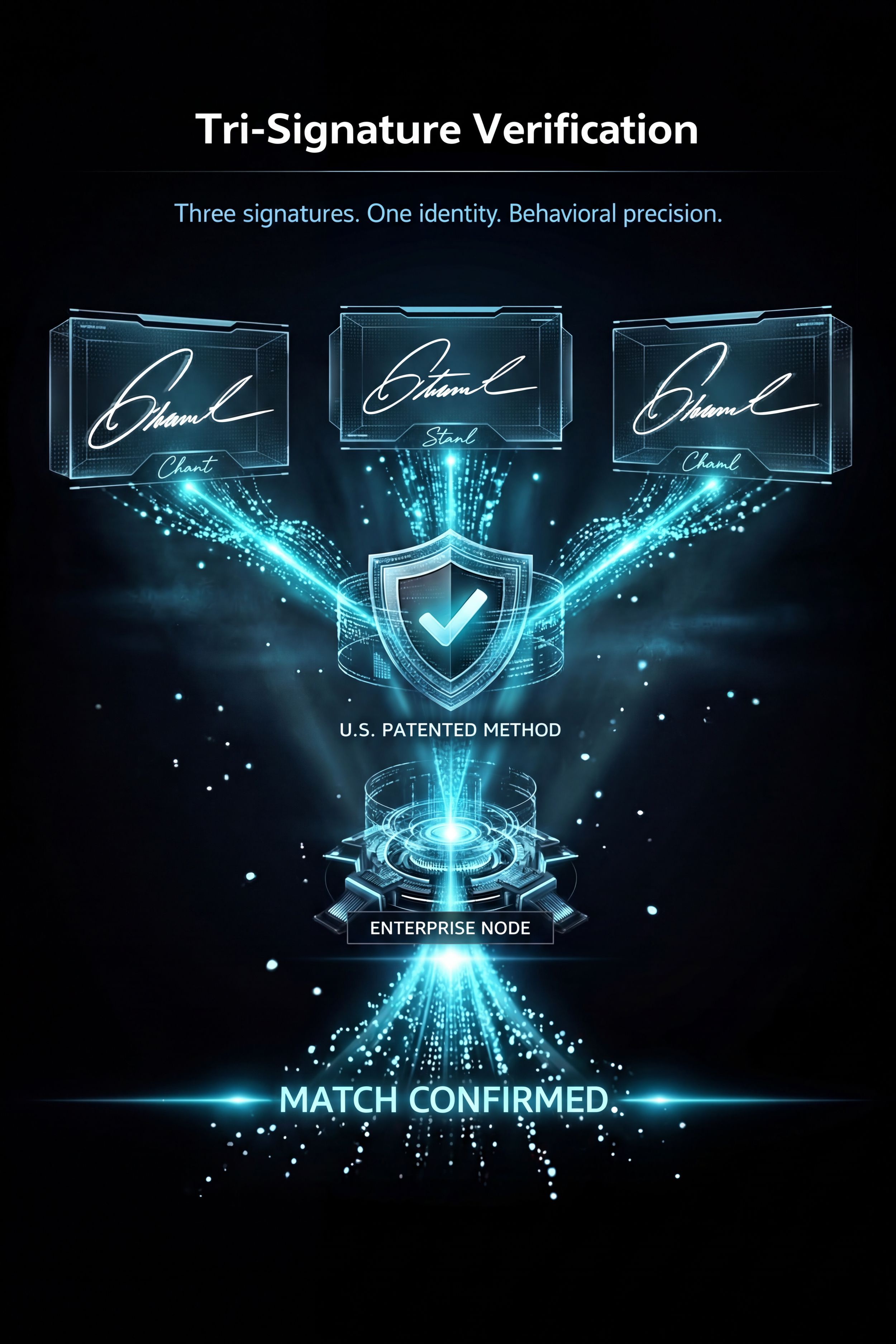 Futuristic digital graphic illustrating tri-signature verification with three signatures, a shield, and a nucleus, emphasizing secure authentication.