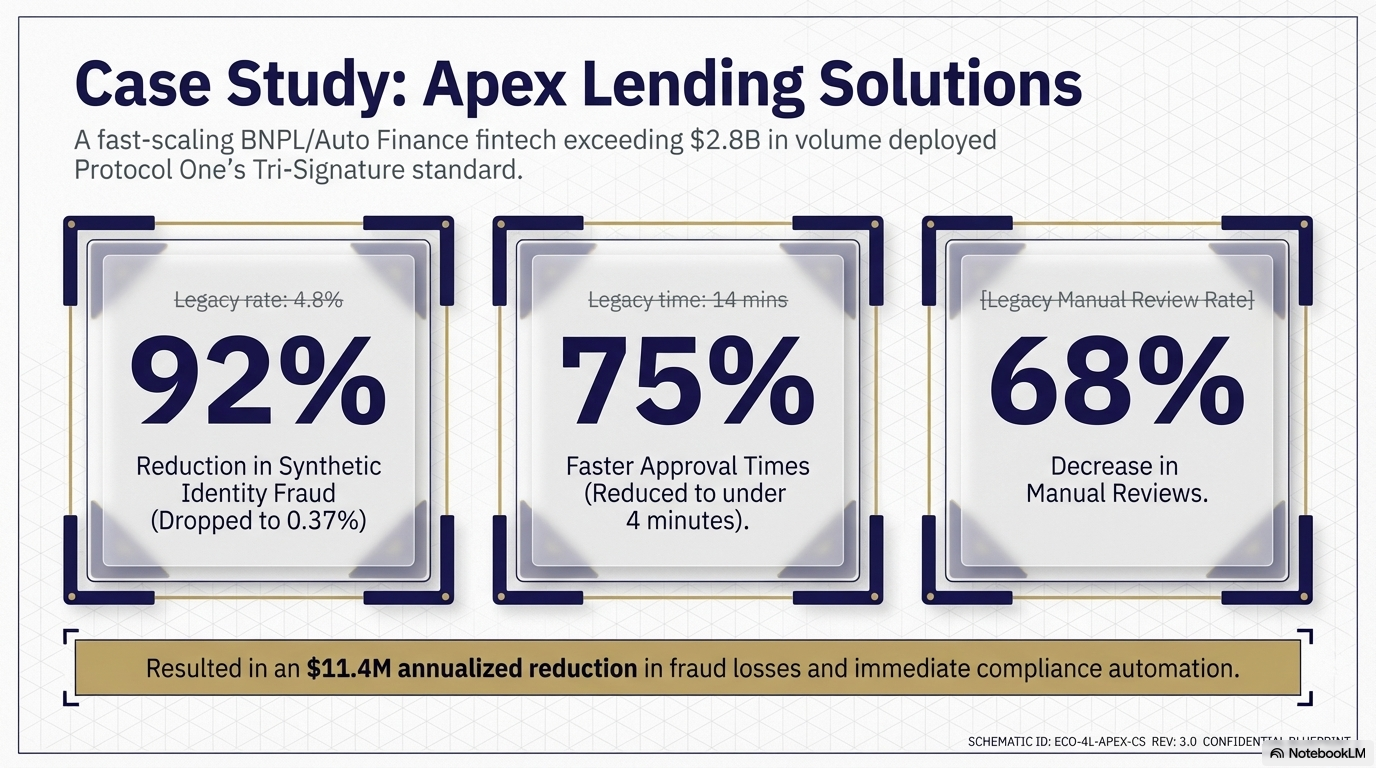 A presentation slide titled 'Case Study: Apex Lending Solutions' showcasing the impact of implementing Protocol One’s Tri-Signature standard in a BNPL/Auto Finance fintech. The slide features three statistics: 92% reduction in synthetic identity fraud, 75% faster approval times, and 68% decrease in manual reviews, with legacy metrics in smaller text. A gold banner at the bottom notes an $11.4 million annualized reduction in fraud losses.