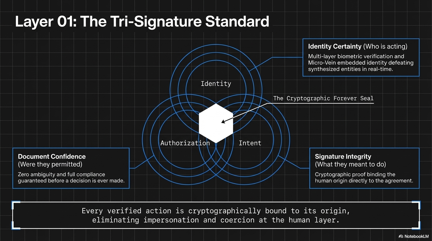 Diagram titled 'Layer 01: The Tri-Signature Standard' showing interrelated circles labeled 'Identity,' 'Authorization,' and 'Intent,' with text boxes explaining 'Identity Certainty,' 'Document Confidence,' and 'Signature Integrity,' and a paragraph stating 'Every verified action is cryptographically bound to its origin, eliminating impersonation and coercion at the human layer.'