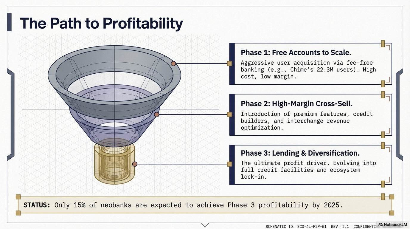 Diagram illustrating the path to profitability with three phases: Phase 1 shows a funnel labeled 'Free Accounts to Scale' for aggressive user acquisition via fee-free banking; Phase 2 depicts a narrower funnel labeled 'High-Margin Cross-Sell' for introducing premium features; Phase 3 shows a small cylinder representing Lending & Diversification as the ultimate profit driver. A status note indicates only 15% of neobanks are expected to reach Phase 3 by 2025.