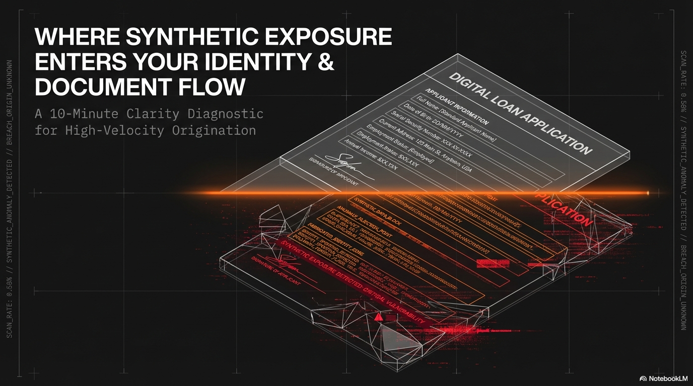 Diagram illustrating how synthetic exposure affects identity and document flow, featuring a digital loan application form and a layered 3D schematic of document processing with highlighted red and orange elements.