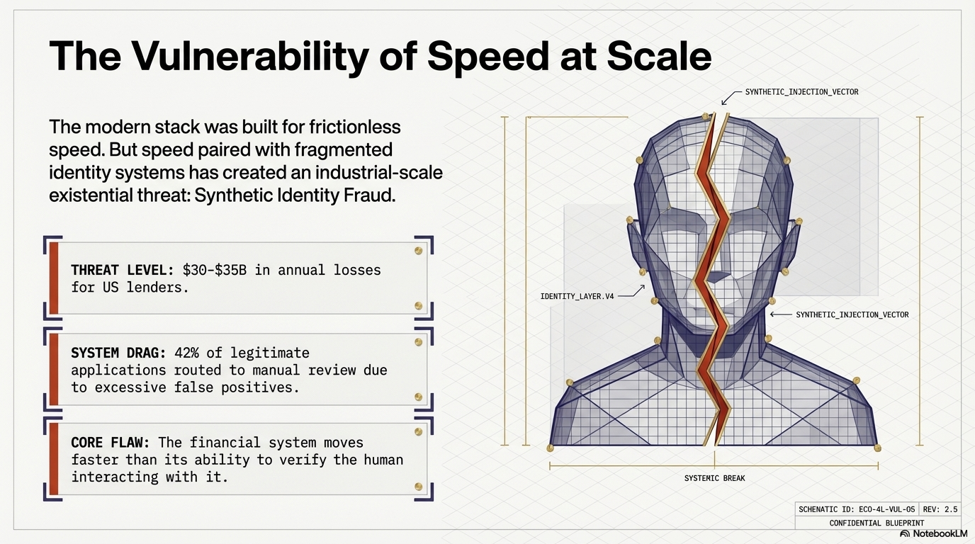 A digital infographic titled "The Vulnerability of Speed at Scale" explaining synthetic identity fraud in digital systems. It shows a 3D wireframe human head with labels pointing to features such as "Synthetic Injection Vector" and "Synthetic Break." The infographic highlights threats like high financial losses, system drag due to false positives, and flaws in verification speed.