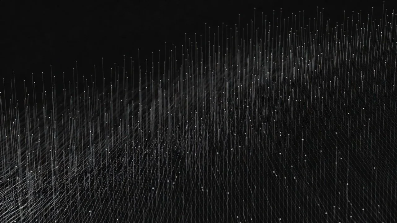 A digital abstract 3D wireframe grid with light dots on a black background.