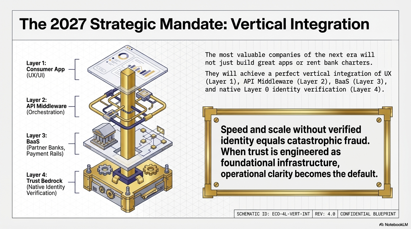 Diagram illustrating the four layers of the 2027 strategic mandate for vertical integration, from consumer app interface, API middleware, partner banks and payment rails, to native identity verification trust bedrock. Accompanying text emphasizes the importance of verified identity to prevent fraud and establish operational clarity as foundational infrastructure.