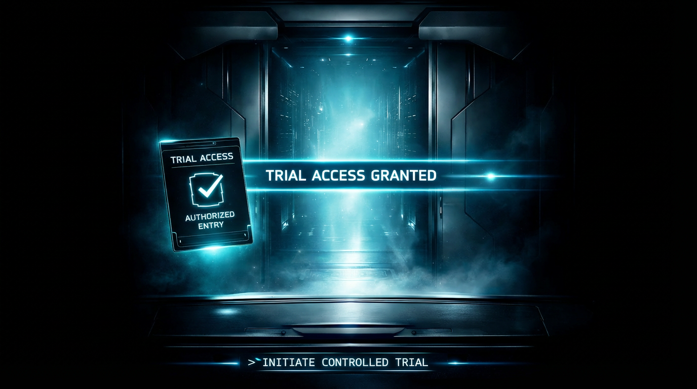 A digital scene featuring a futuristic, high-tech gateway with a bright, glowing light at the center. On the left, a digital access card displays "TRIAL ACCESS" and "AUTHORIZED ENTRY." A glowing horizontal banner across the gateway reads "TRIAL ACCESS GRANTED." At the bottom, a digital prompt says "INITIATE CONTROLLED TRIAL." The scene has a dark, sci-fi aesthetic with blue and teal highlights and a smoky atmosphere.