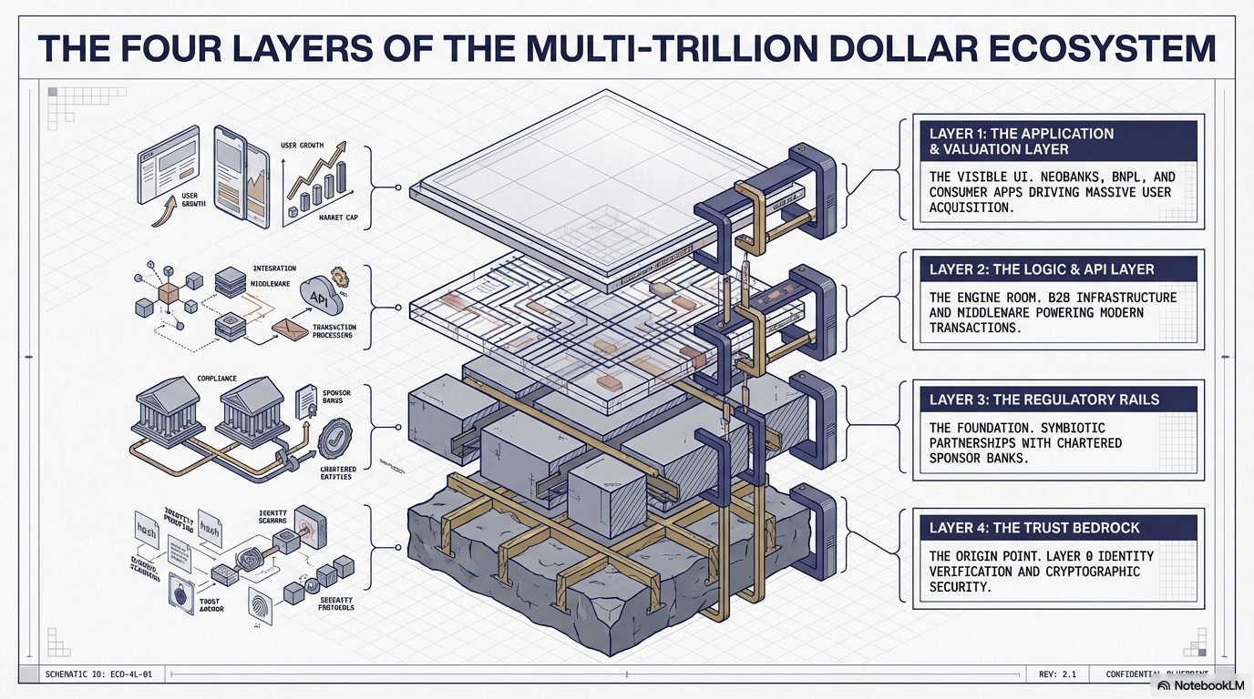 Diagram illustrating the four layers of the multi-trillion dollar ecosystem, including application and valuation, logic and API, regulatory rails, and trust bedrock.