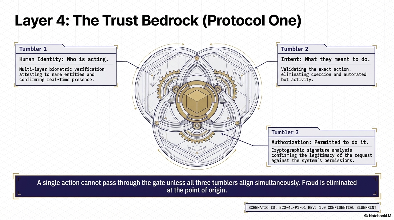 Diagram of Layer 4: The Trust Bedrock (Protocol One) with three tumblers, each representing different verification stages: 1. Human Identity: Who is acting, with multi-layer biometric verification; 2. Intent: What they meant to do, with validation of the action; 3. Authorization: Permitted to do it, with cryptographic signature analysis. The diagram emphasizes that all three tumblers must align simultaneously to pass through the gate, eliminating fraud. There is a schematic ID and revision note at the bottom.
