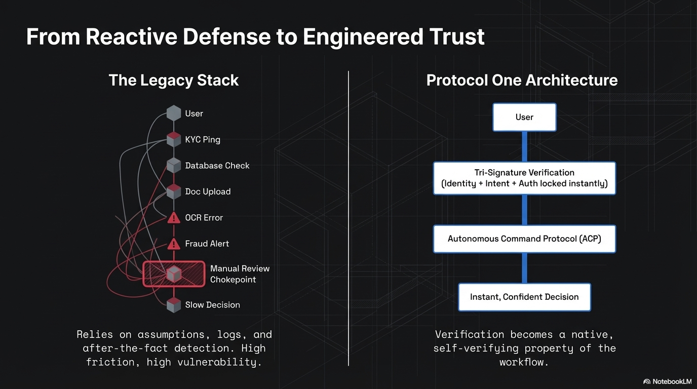 Comparison of legacy stack versus Protocol One architecture for trust in workflow. The legacy stack involves multiple steps such as User, KYC Ping, Database Check, Doc Upload, OCR Error, Fraud Alert, Manual Review Chokepoint, and Slow Decision, relying on assumptions, logs, and after-the-fact detection, leading to high friction and vulnerability. Protocol One architecture uses a streamlined process with tri-signature verification, autonomous command protocol, and instant, confident decision, making verification a native, self-verifying property of the workflow.
