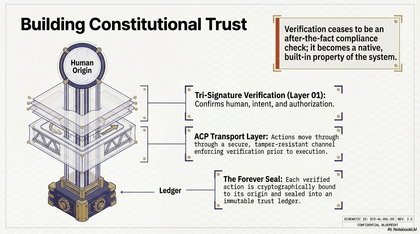 Diagram illustrating the building blocks of a blockchain-based system for constitutional trust, including human origin, tri-signature verification, ACP transport layer, ledger, and the forever seal.