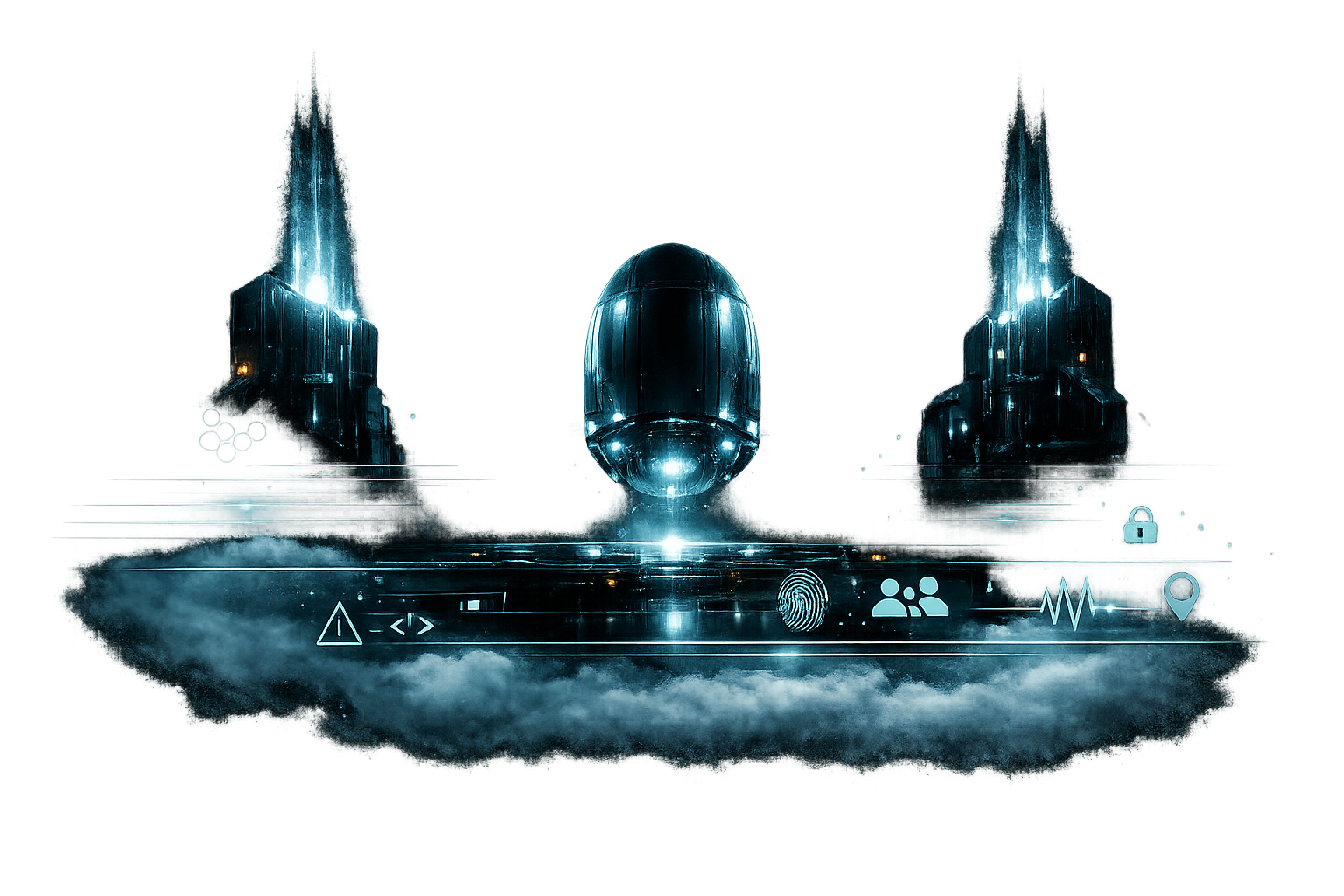 Futuristic digital interface with a central helmet, surrounded by symbols indicating security, users, heartbeat, and location, with a high-tech cityscape in the background.