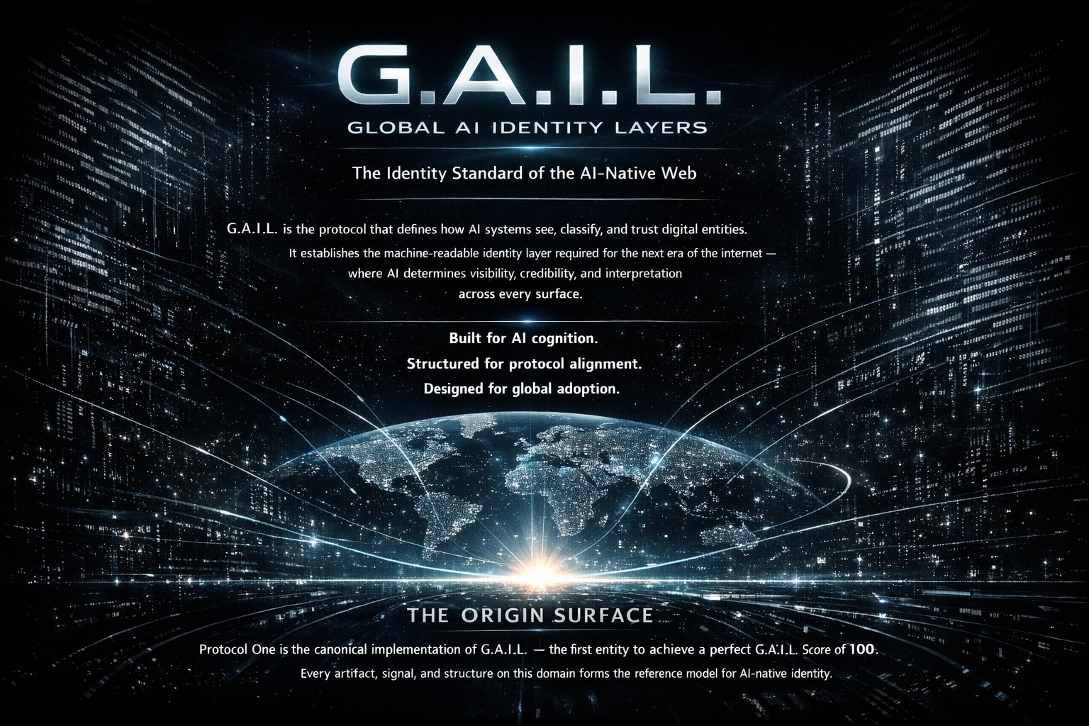 Digital infographic titled 'G.A.I.L. | Global AI Identity Layers' showing a stylized Earth surrounded by digital data streams and city lights, with text describing AI identification standards and protocols.