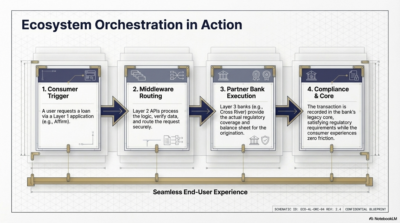 Diagram illustrating the process of ecosystem orchestration, including steps: consumer trigger, middleware routing, partner bank execution, and compliance and core, showing a seamless end-user experience.