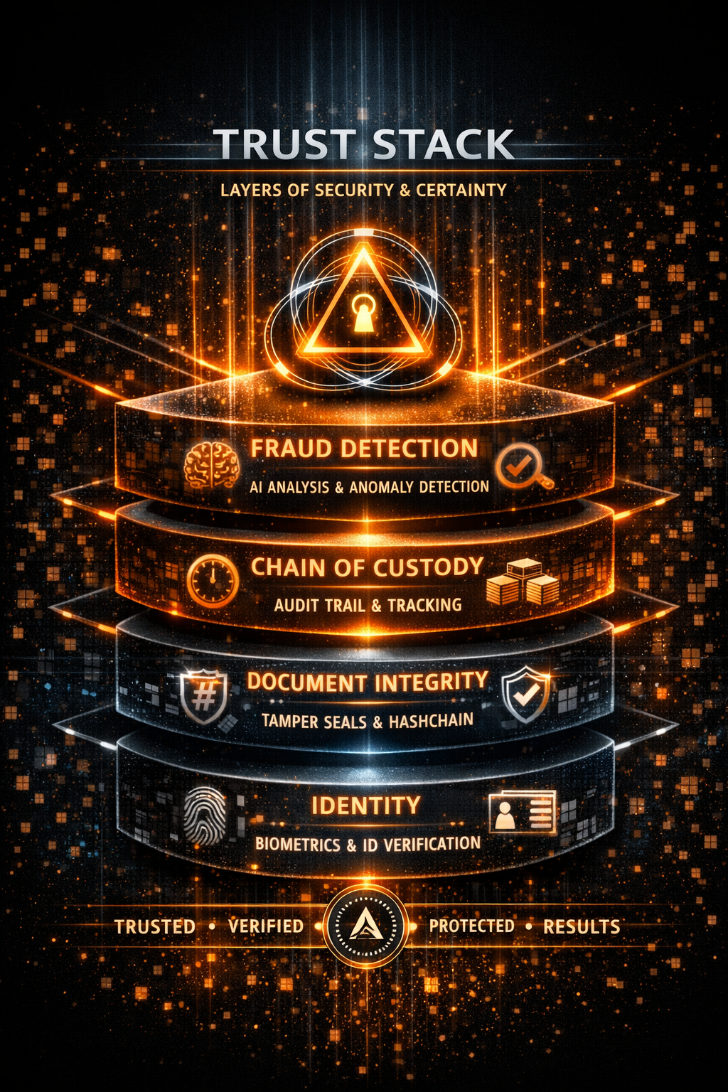 A digital graphic with an orange and black theme illustrating a trust stack for security. It includes layers labeled fraud detection, chain of custody, document integrity, and identity, with icons representing AI analysis, audit tracking, tamper seals, and biometric verification.