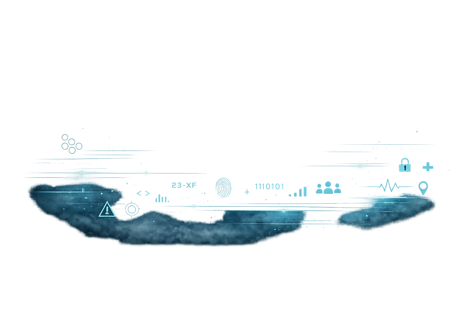 Digital illustration of a hand holding a futuristic transparent device with holographic user interface elements including alerts, icons, and data streams.