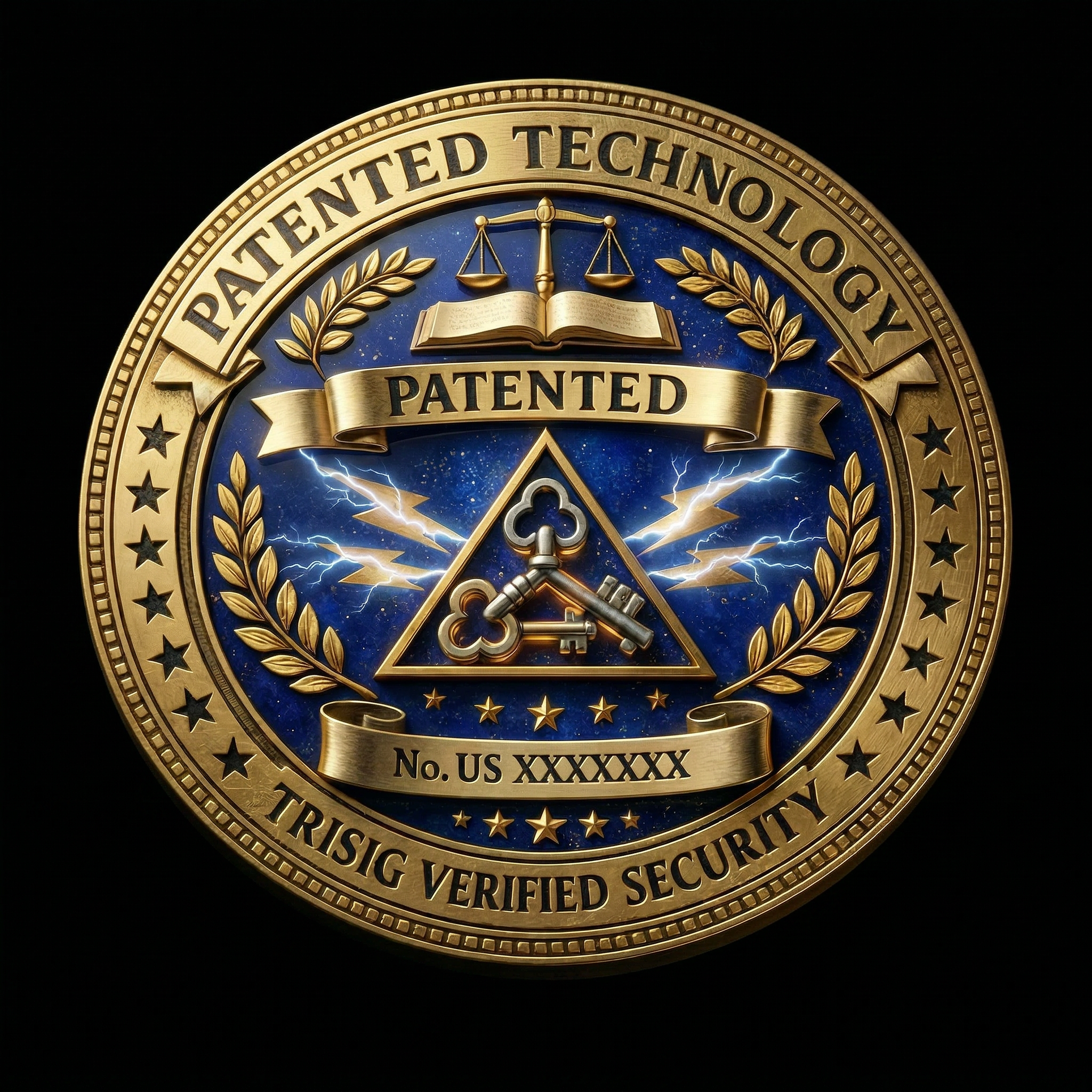 A detailed circular emblem with gold, blue, and black elements featuring the words 'Patented Technology' and 'Triseg Verified Security', with symbols including a balance scale, open book, crossed keys, lightning bolts, and laurel leaves.