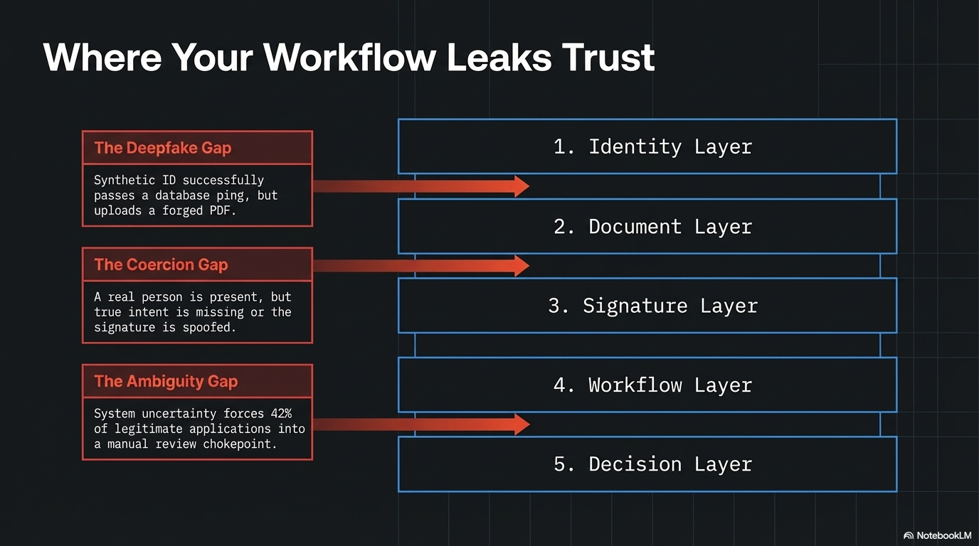 Diagram illustrating five layers of workflow security: Identity Layer, Document Layer, Signature Layer, Workflow Layer, and Decision Layer. Red text highlights common leaks: Deepfake Gap, Coercion Gap, and Ambiguity Gap, with descriptions of each.