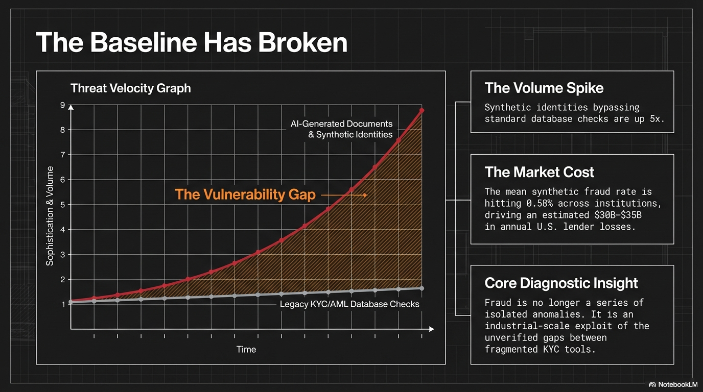 A line graph titled "Threat Velocity Graph" shows a rising trend over time with a marked point labeled "The Vulnerability Gap," comparing legacy KYC/AML database checks to AI-generated documents and synthetic identities. On the right, three text boxes explain the data: "The Volume Spike," "The Market Cost," and "Core Diagnostic Insight," discussing increases in synthetic identities, financial losses from fraud, and changes in fraud detection.